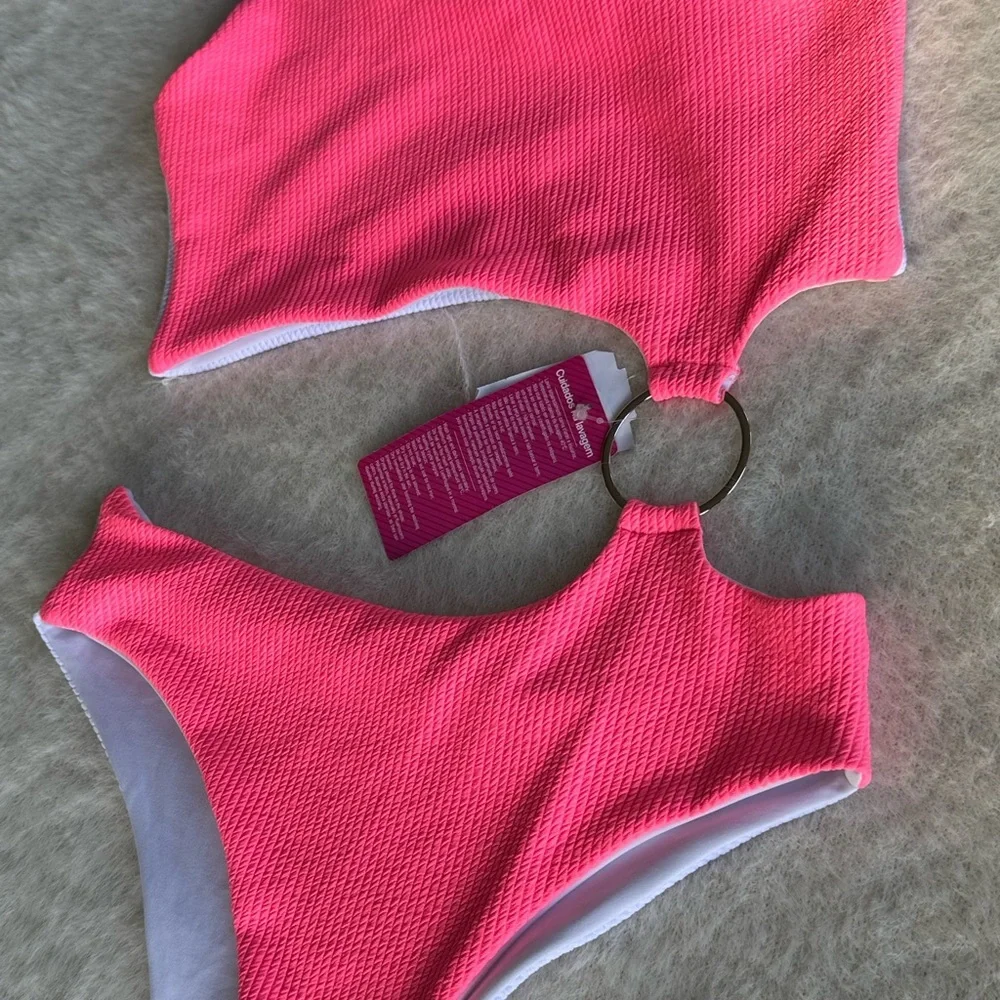 ZNG Pink and White Asymmetrical One-Piece Swimsuit - Picture 6 of 7